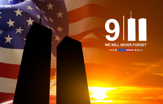 Silhouette of Twin Towers and USA flag against the sunset. Patriot Day banner. 9.11.2001