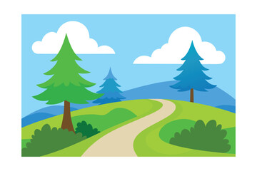 Serene Winding Path Picturesque Landscape Illustration of Rolling Hills and Evergreen Trees