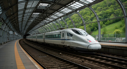Naklejka premium High-Speed Train at Modern Railway Station Surrounded by Lush Greenery in a Scenic Urban Landscape