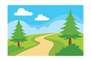 Winding Path Through Lush Green Hills and Evergreen Trees A Serene Landscape Illustration