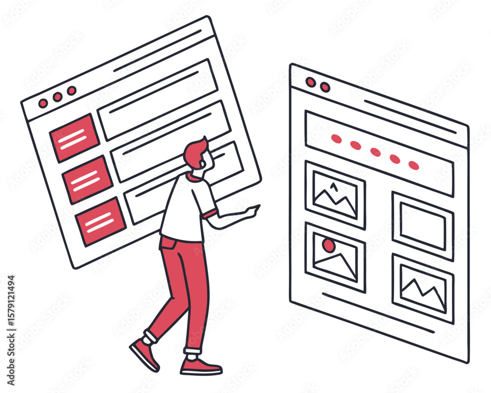 Poster web design process illustrated by a person and two website mockups