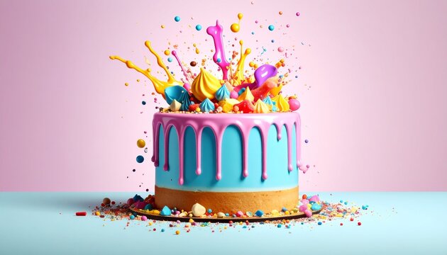 Chaos Cake Concept. Colorful cake explosion with sprinkles and toppings against a pastel background.
