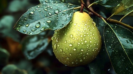 Closeup of a fresh, juicy green pear still on the branch with glistening raindrops