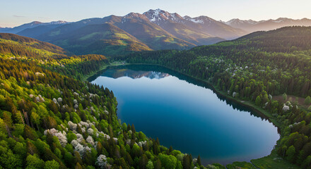 Fototapeta premium Aerial View of Mountain Lake Surrounded by Spring Forest