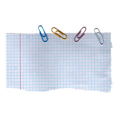 a torn piece of paper with colored paper clips, a piece of squared paper from a student's 