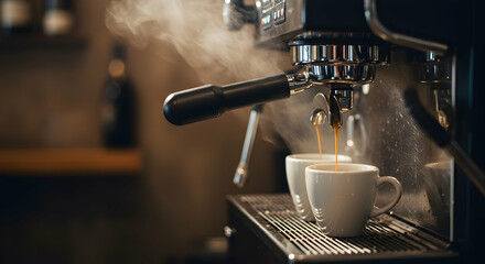 Classic Espresso Machine Brewing Fresh Coffee in Caf? with Steaming Cups in the Morning