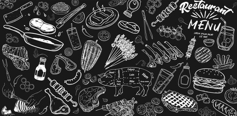 A stylish vector menu design with hand-drawn details, complemented by a chalkboard background.