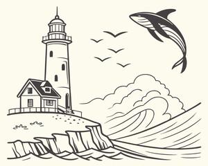 Coastal lighthouse scene with whale and birds in black and white illustration