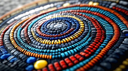 Colorful seed bead concentric circle shows vibrant symmetrical pattern closeup view creating depth
