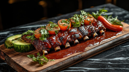Delicious barbecue ribs with tomato and zucchini on a wooden board food photography