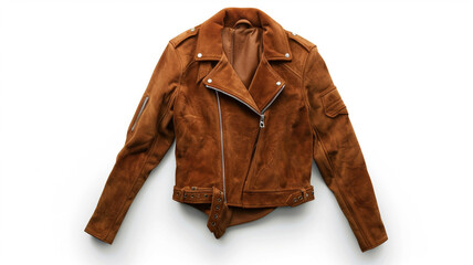 Trendy cropped faux suede moto jacket in rich brown, featuring stylish zippers and an edgy belt.