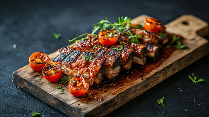 Delicious grilled pork ribs with cherry tomatoes on a wooden board barbecue meat food photography