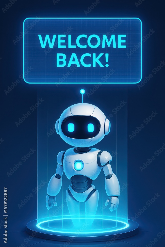 Poster an illuminated robotic figure welcomes visitors, glowing in the cool hue of digital innovation. the 