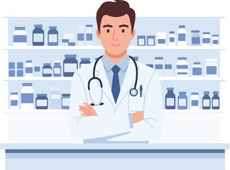 2D flat vector of Pharmacist behind medicine counter