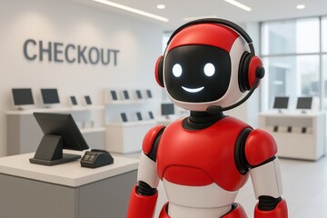 Smiling red and white robot with headset stands at a checkout counter in a modern electronics store. customer support service