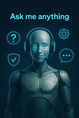Obraz premium An AI assistant character stands, an invitation to engage in the world of artificial intelligence. The character wears a headset, symbols around suggesting communication, support, settings.