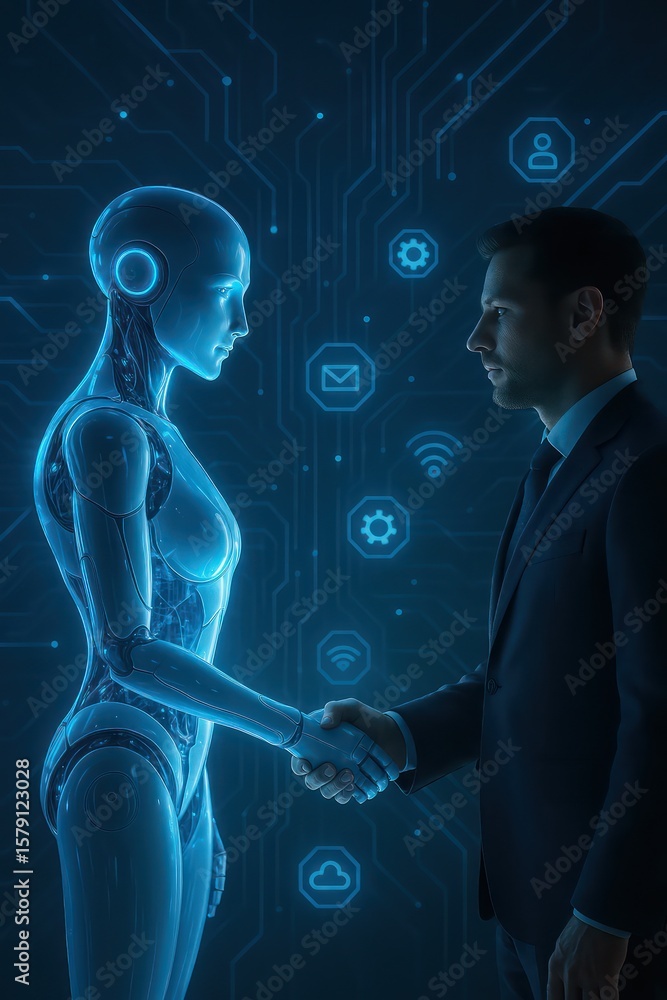 Poster a futuristic scene unfolds as a man and a sleek, humanoid robot engage in a symbolic handshake, embo