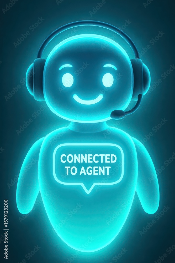 Poster friendly blue chatbot with a headset and a speech bubble displaying 