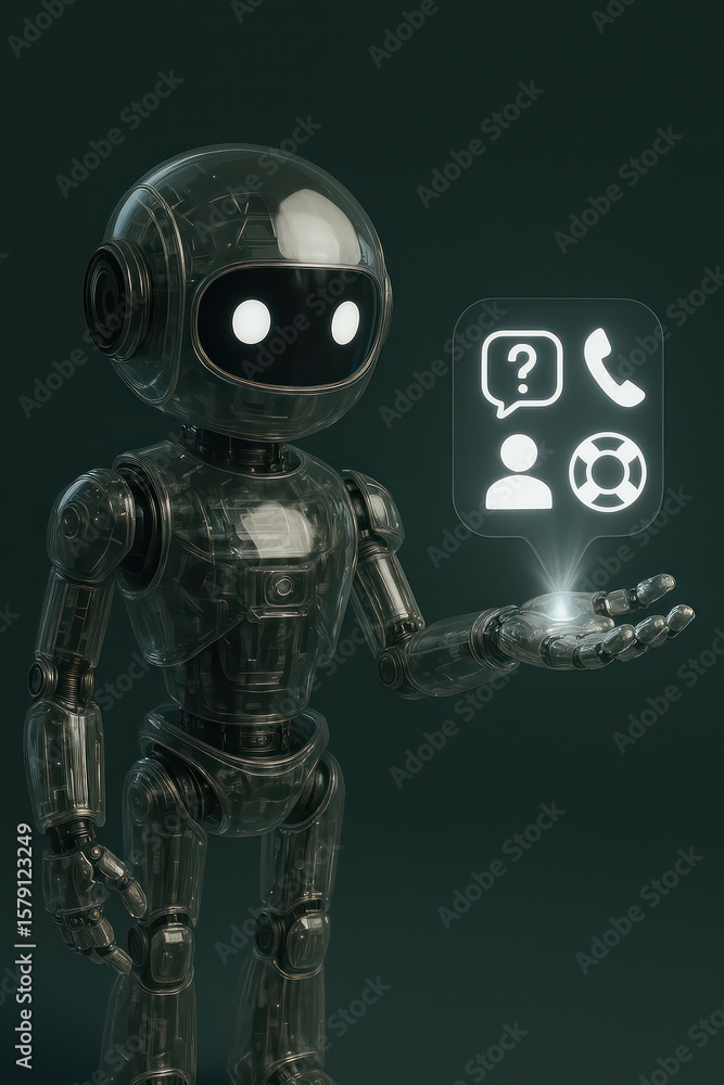 Poster an ai robot futuristic style, showcasing modern technology and support icons. the robot has modern d