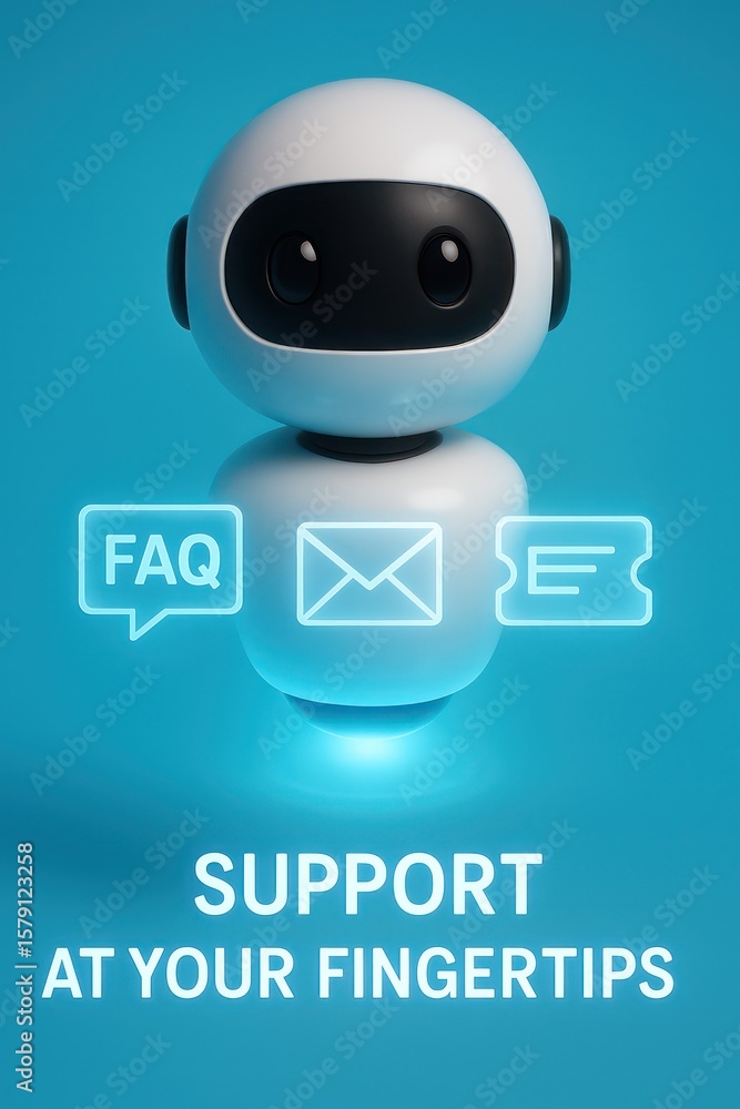 Poster a futuristic robot with user support icons against a bright blue background, the image conveys theme