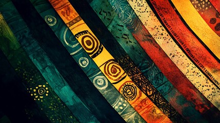 Colorful wooden planks display different indigenous tribal patterns in an abstract style with bright paints