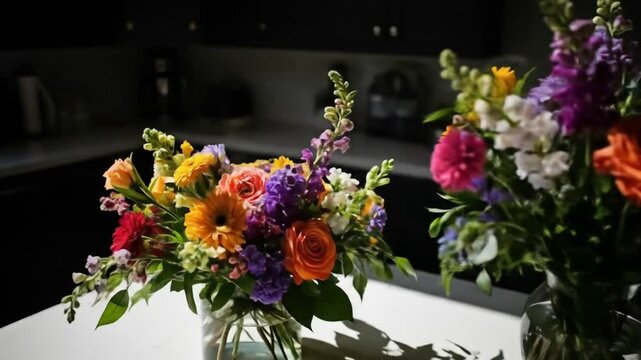 Colorful Flower Bouquets in Modern Kitchen