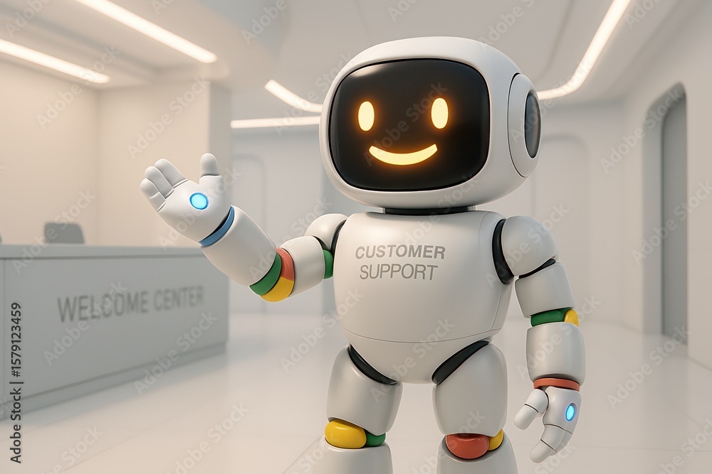 Poster friendly customer support robot standing in a modern reception area. customer support service