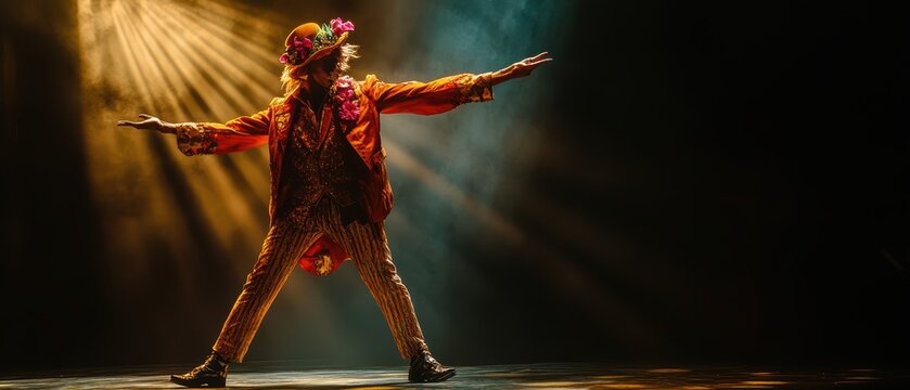 Colorful Performer in Vibrant Costume with Dramatic Lighting Effects