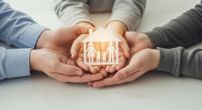 A symbolic image of adult and children hands holding a paper family cutout, representing family protection, home security, foster care, mental health awareness, and financial planning during economic 