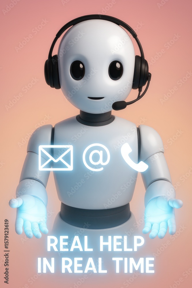 Poster an advanced ai chatbot in a futuristic design offers real-time support, with communication symbols d