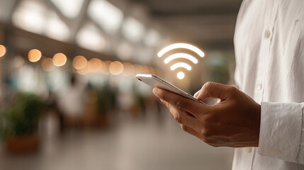 Man Connecting to Public Wi-Fi on Smartphone in Modern Airport or Station. Ideal for concepts related to travel technology, mobile data, seamless internet, or working on the go.