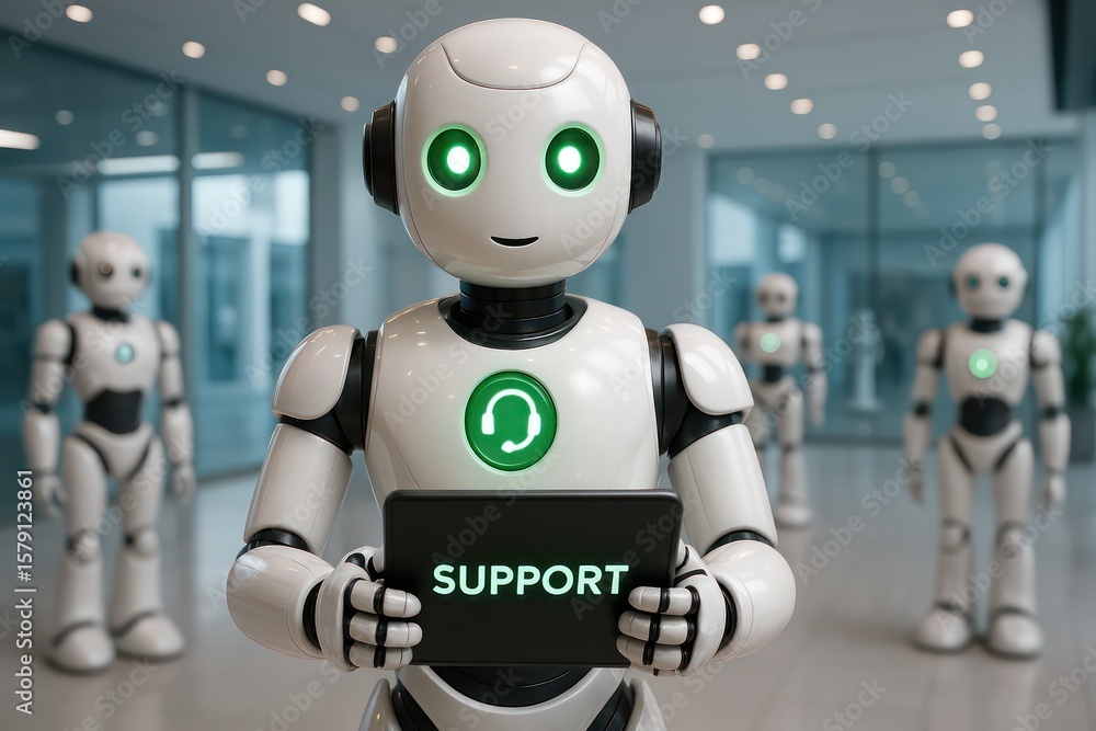 Poster a team of friendly robots offering support, showcasing advanced technology and customer service in a