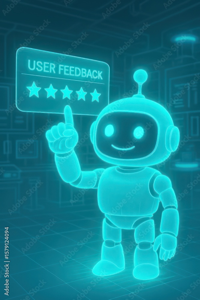 Poster an innovative ai robot highlights user feedback, its glowing form and advanced technology creating a