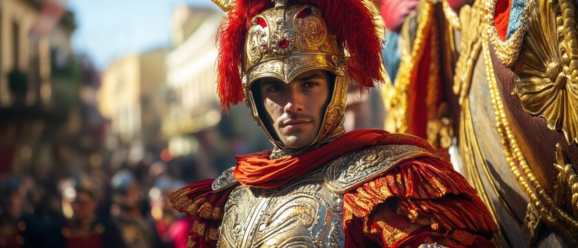 Historical Roman Soldier in Elaborate Armor during Festive Parade