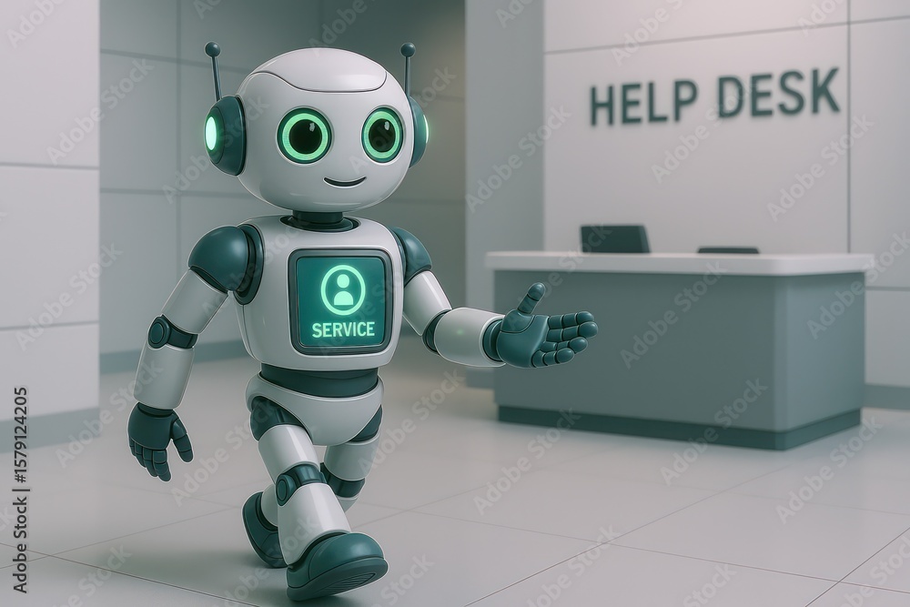 Poster a friendly robot, showcasing an inviting presence, strides confidently toward the help desk in a mod