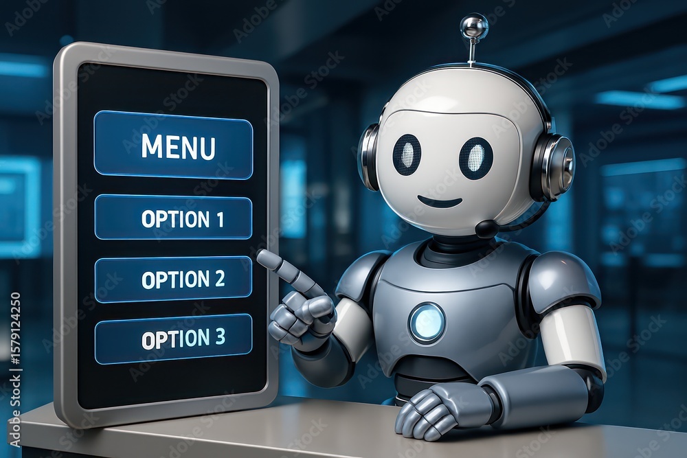 Poster an advanced ai robot, presenting a user-friendly menu of options, epitomizing futuristic technology 