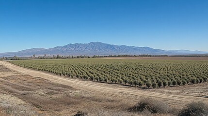 Olive orchard expanse, mountain backdrop