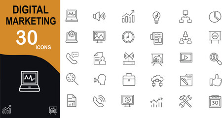 Digital Marketing icon set. Online promotion and advertising related line icons. SEO, email, social media, analytics, content, campaign, , branding, conversion, mobile and marketing . Editable stroke.