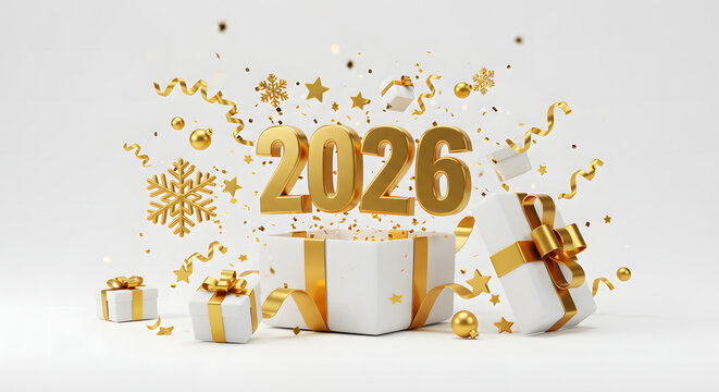2026 Emerging from Gift Boxes with Confetti and Festive Decorations