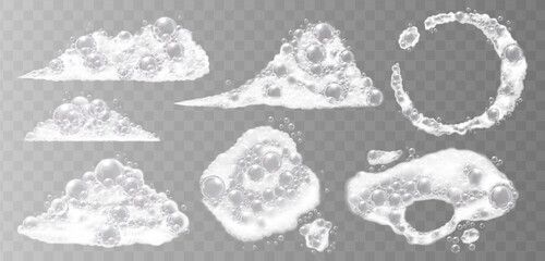 Realistic soap foam with bubbles on transparent background. Ideal for cleaning, hygiene, or bath visuals. Vector illustration.
