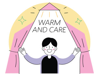 Person opening curtains revealing warm and care message symbolizing kindness and support