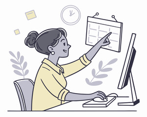 Professional woman at office desk planning work schedule with calendar and computer