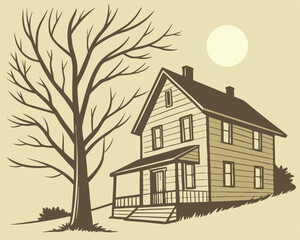 Rustic silhouette of a two story house with a bare tree and full moon