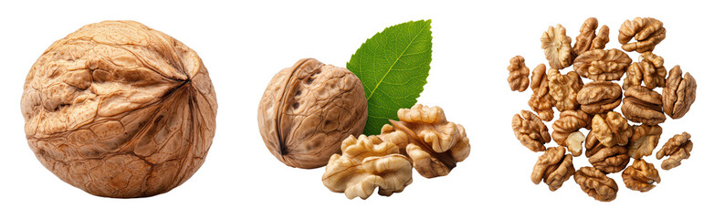 Fresh walnuts with shells and shelled halves on black background