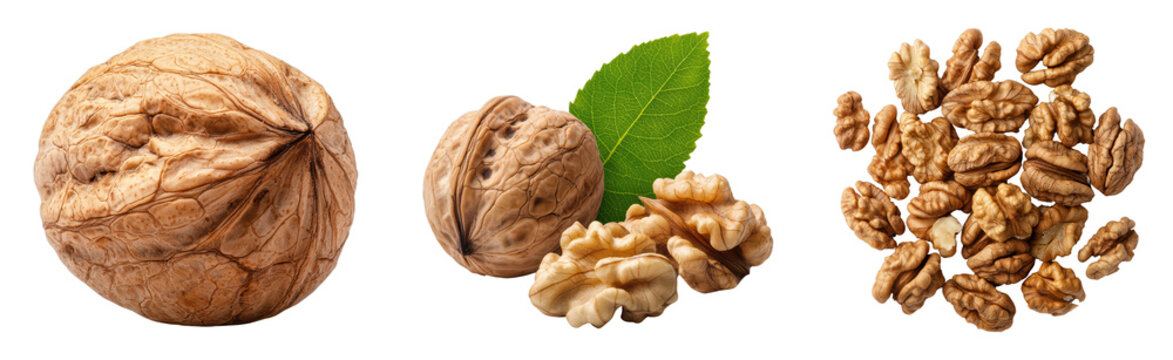 Fresh walnuts with shells and shelled halves on black background