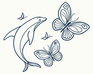 Simple hand drawn dolphin butterflies and insects vector illustration with transparent background