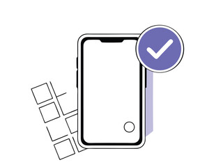 Smartphone and verified checkmark illustration on a white background with design elements
