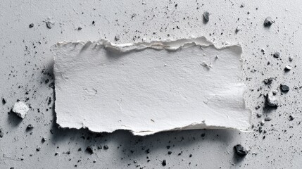 A torn piece of thick white paper rests on a dusty, textured surface with scattered debris and small fragments around it.