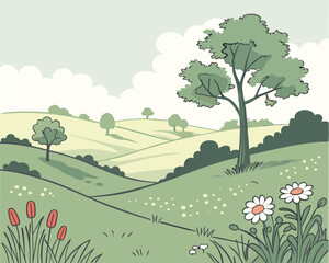 Stylized illustration of a tranquil green landscape with trees and flowers