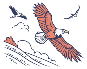 Stylized illustration of flying eagle with other birds and mountain elements